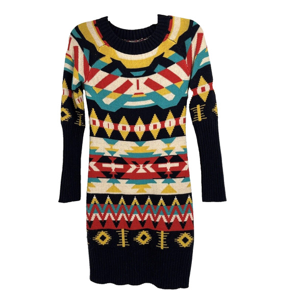 Jessica Simpson Sweater Dress Medium Aztec Tribal Blue Yellow Red Yellow Teal - Picture 1 of 2